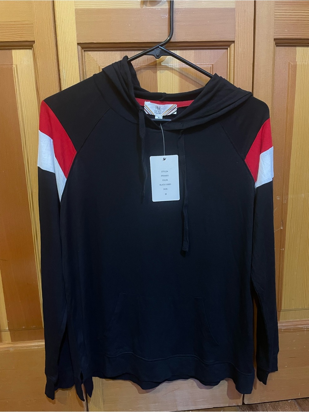 Women’s  Black Hoodie Sweater with Red & White Shoulder Panels